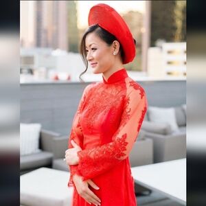 Women's Vietnamese Ao Dai Lace Maxi Dress Pant Red size XSP wedding formal